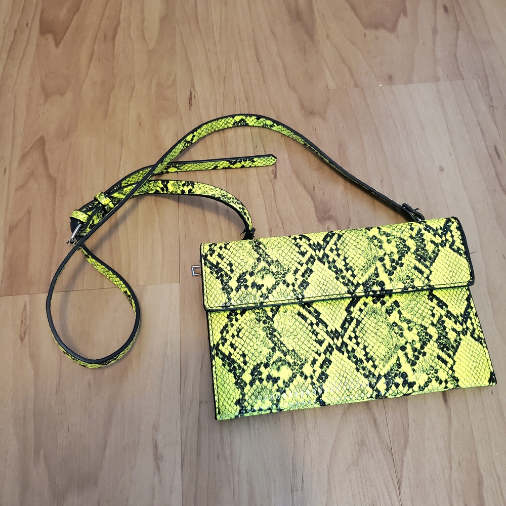 Zara Neon Green Snake Print Embossed 2 pc Crossbody Purse Bag
